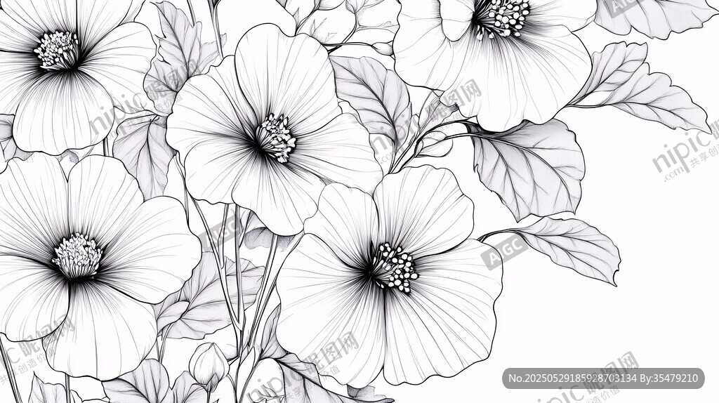 黑白花卉線描圖
