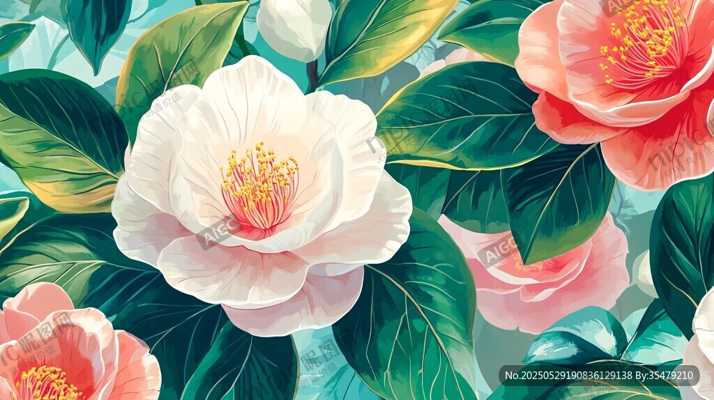 艷麗山茶花卉插畫欣賞