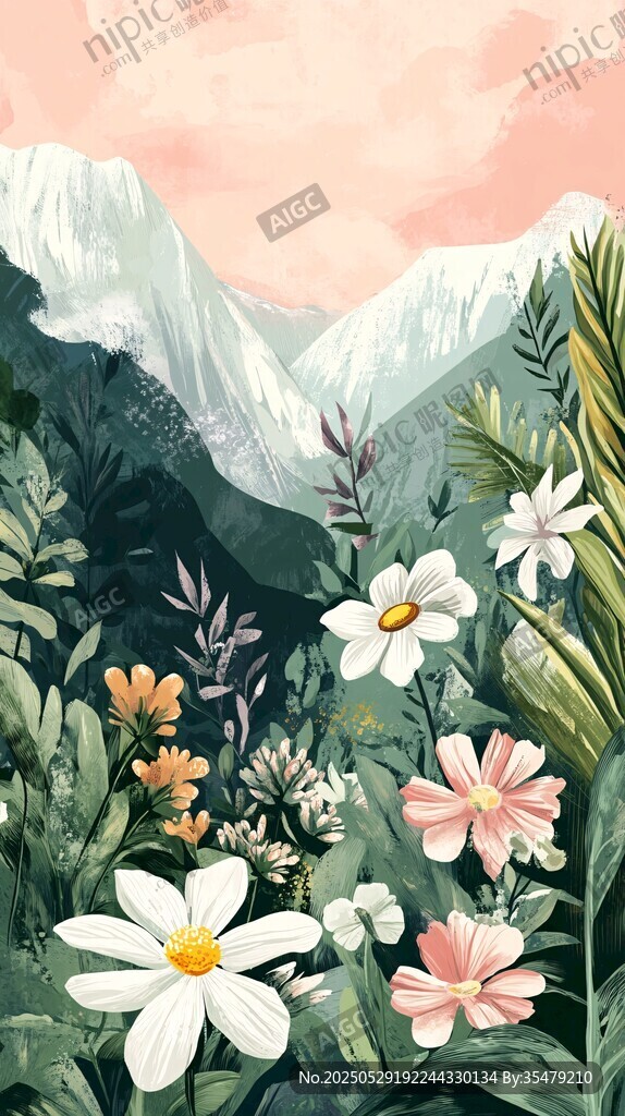 山間爛漫花卉風(fēng)景插畫