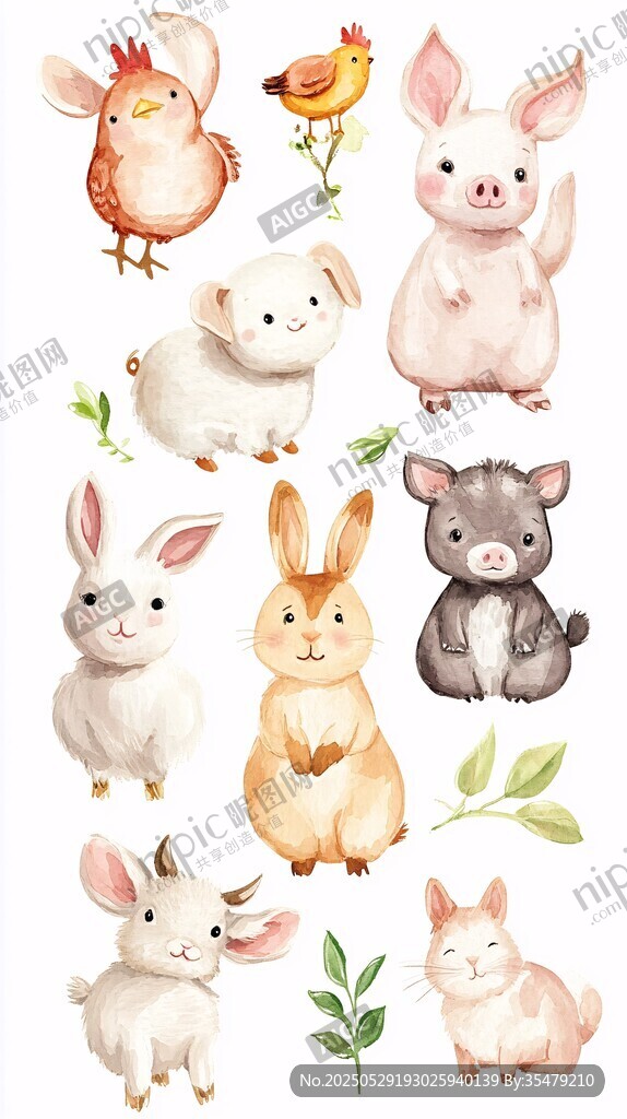 可愛水彩風農場小動物集合