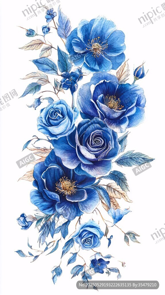 藍色花卉插畫 清新唯美風