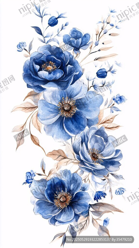 藍(lán)色花卉水彩插畫裝飾圖