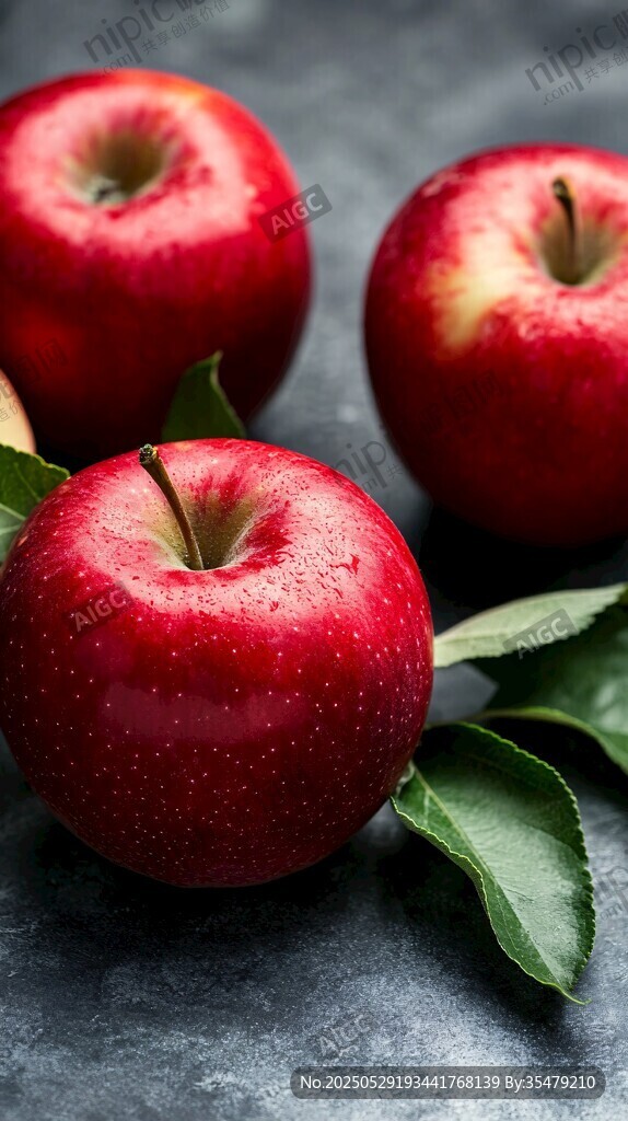 鮮紅蘋(píng)果帶葉擺于灰面