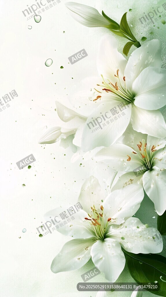 清新白色花卉水滴背景圖
