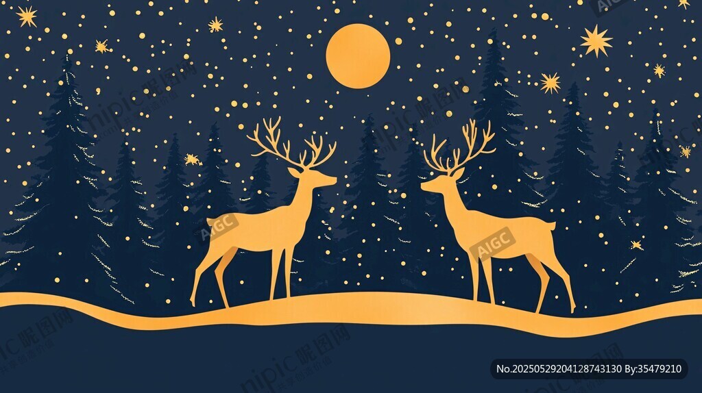 月夜下的雙鹿與森林