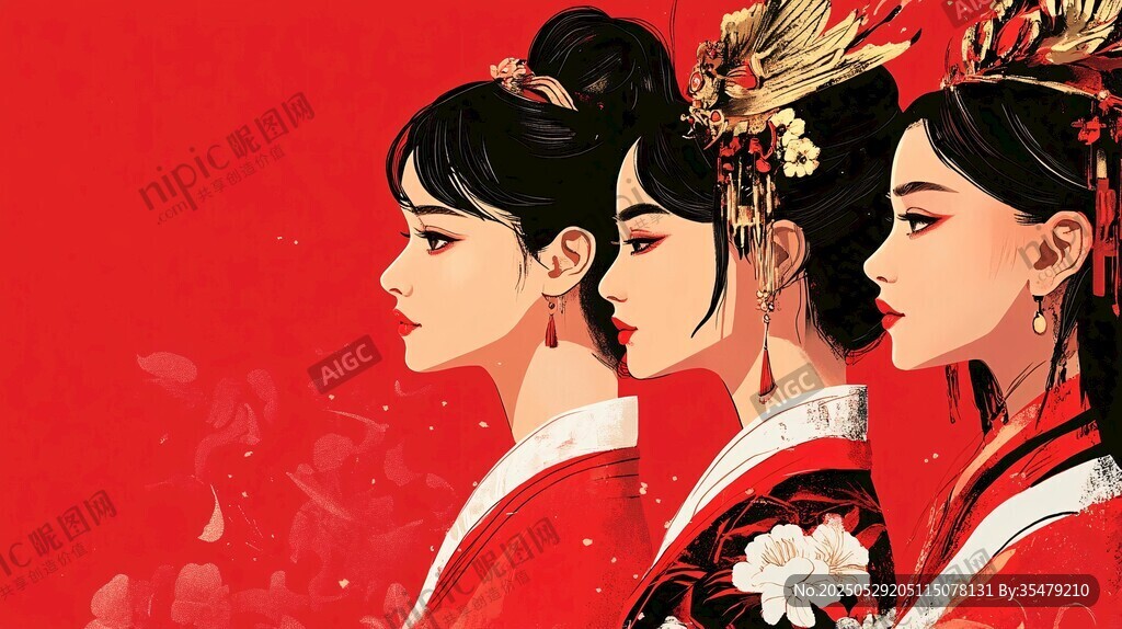 三位古風(fēng)佳人紅裝側(cè)影