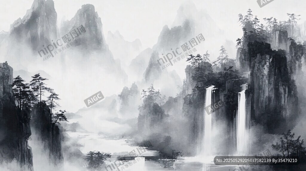 水墨山水間的靜謐瀑布