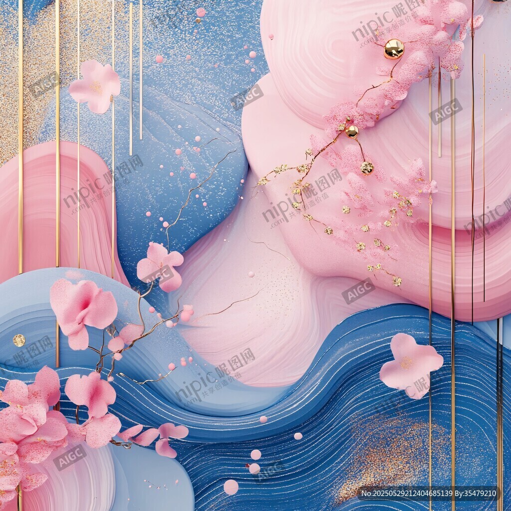 夢幻粉藍(lán)流體花卉藝術(shù)畫