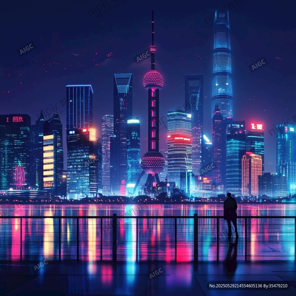 上海外灘璀璨夜景下的身影