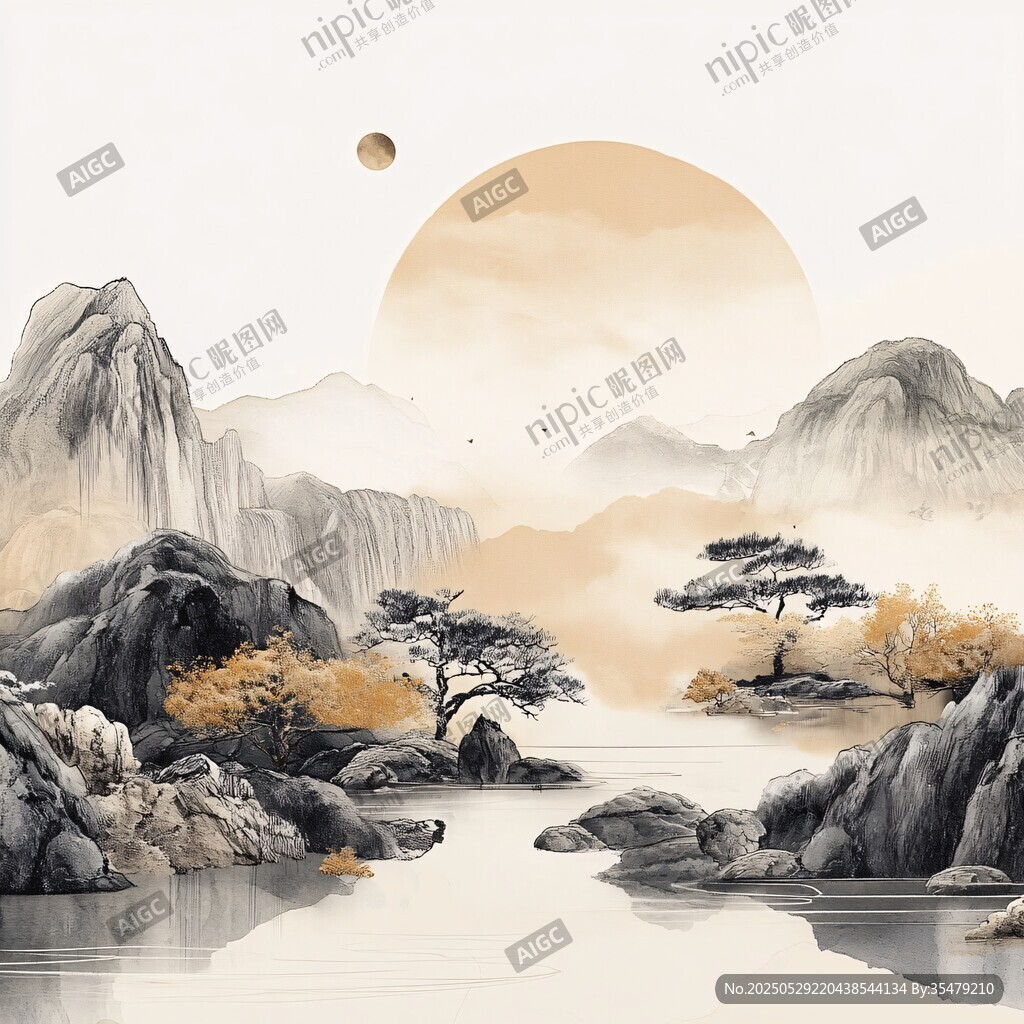 水墨山水間的落日之景