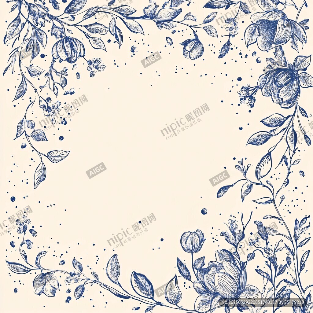 藍白花卉手繪邊框背景圖