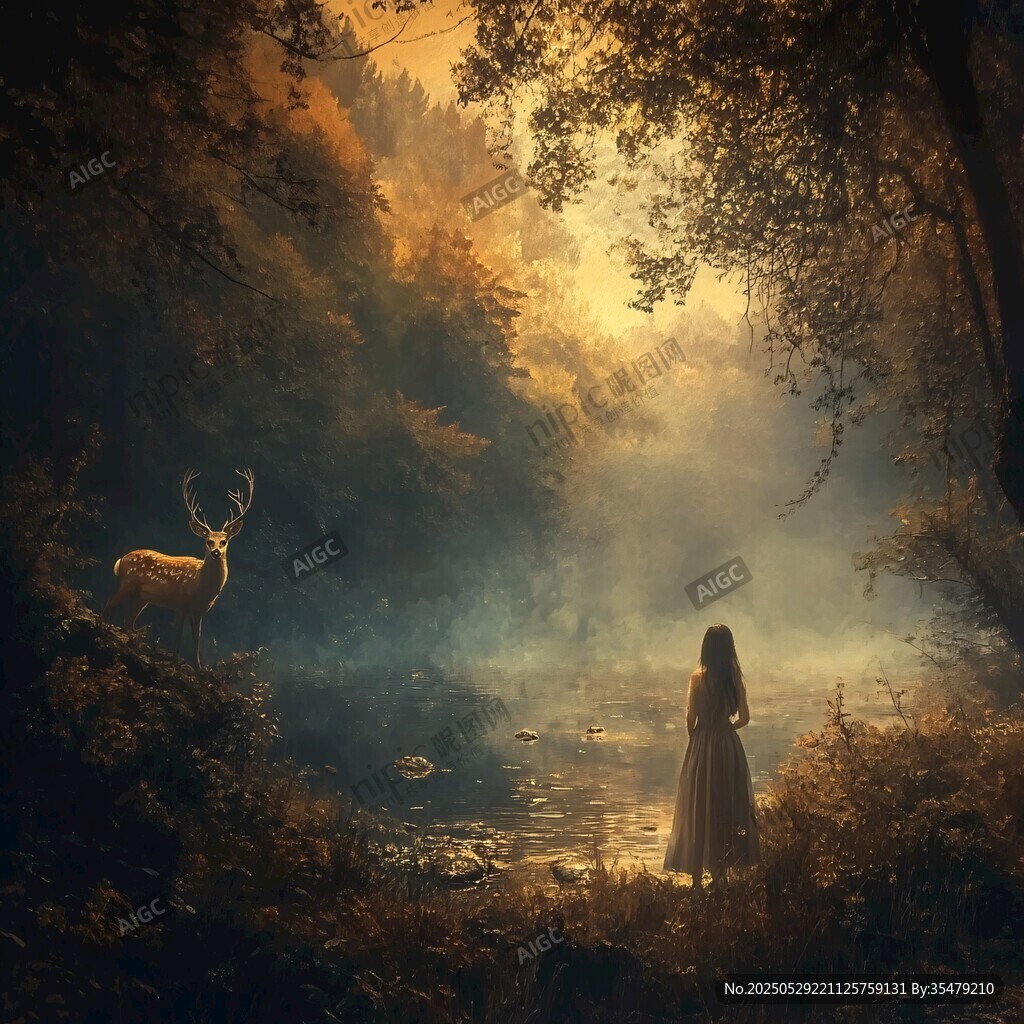 少女與鹿的夢幻森林邂逅