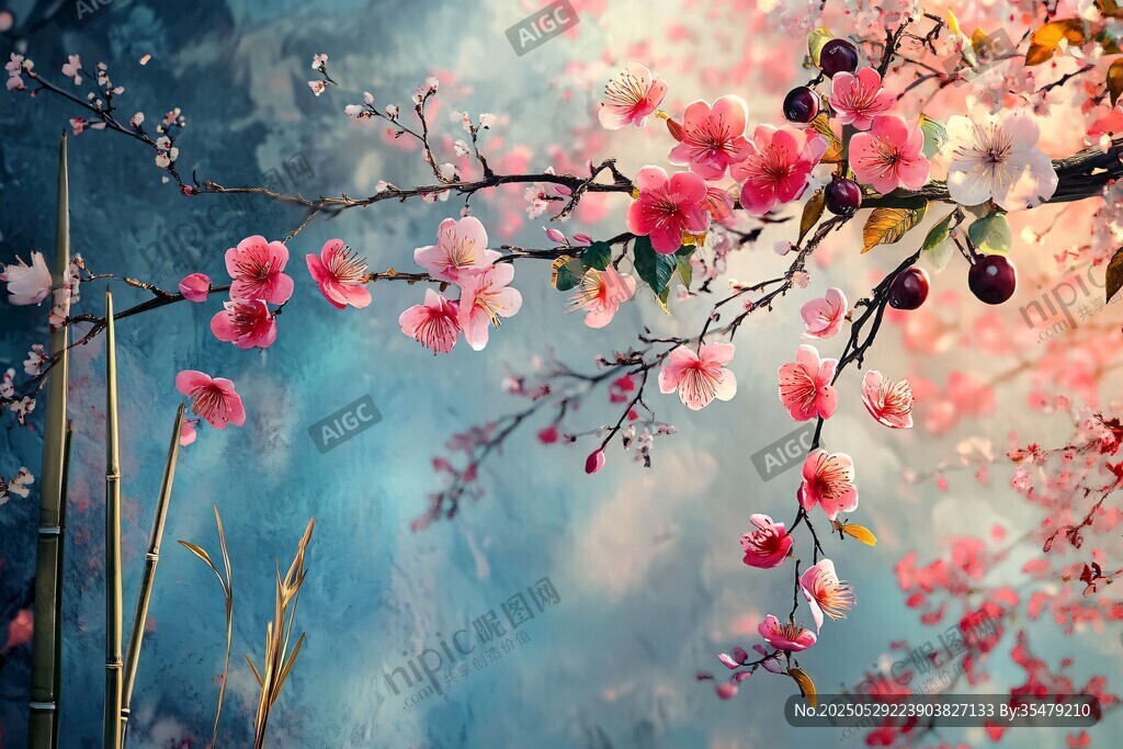 夢(mèng)幻粉色花枝綻放美景