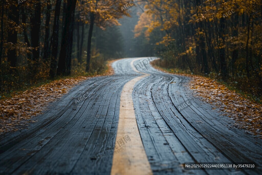 秋日林間蜿蜒濕滑的道路