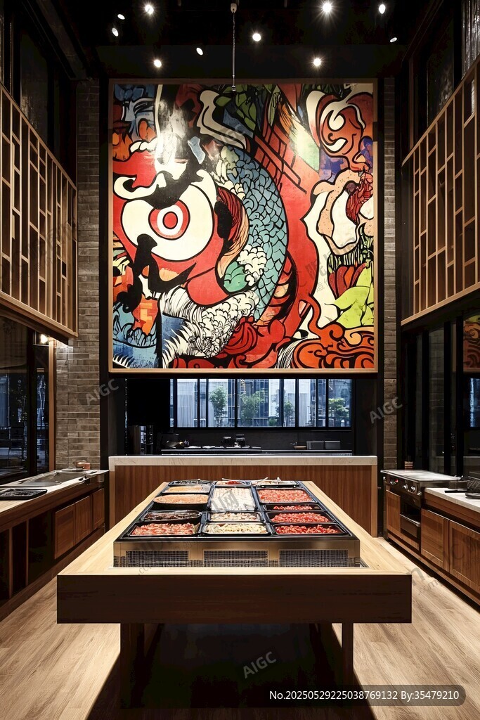 日式風格店內(nèi)的大幅魚壁畫