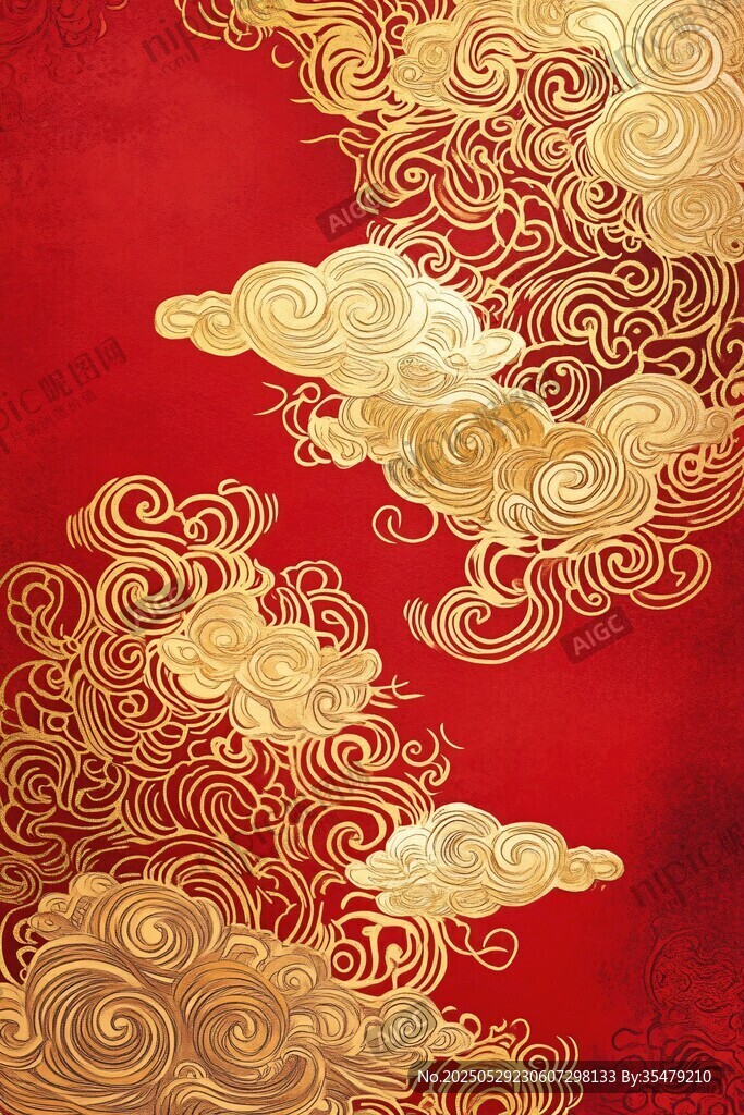 紅色底金色祥云中式圖案
