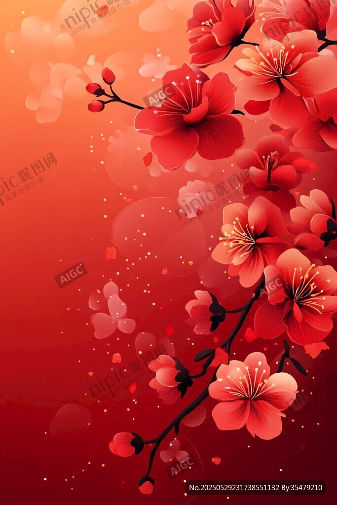 喜慶紅梅花綻放背景圖