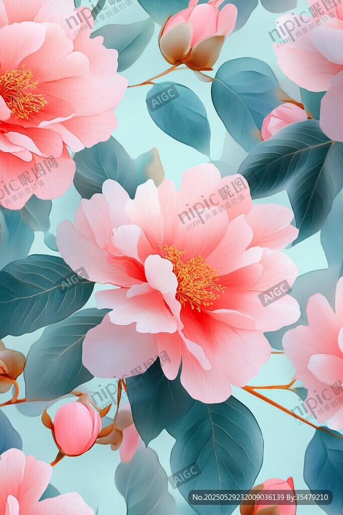 粉色山茶花清新花卉圖案