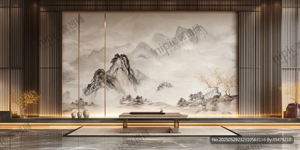 中式山水風(fēng)客廳雅致場(chǎng)景