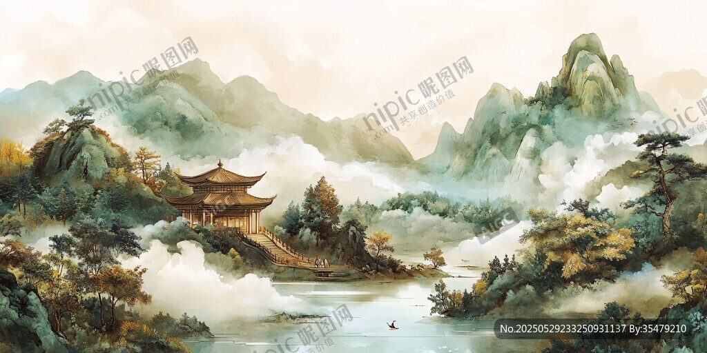 水墨山水間的古韻樓閣