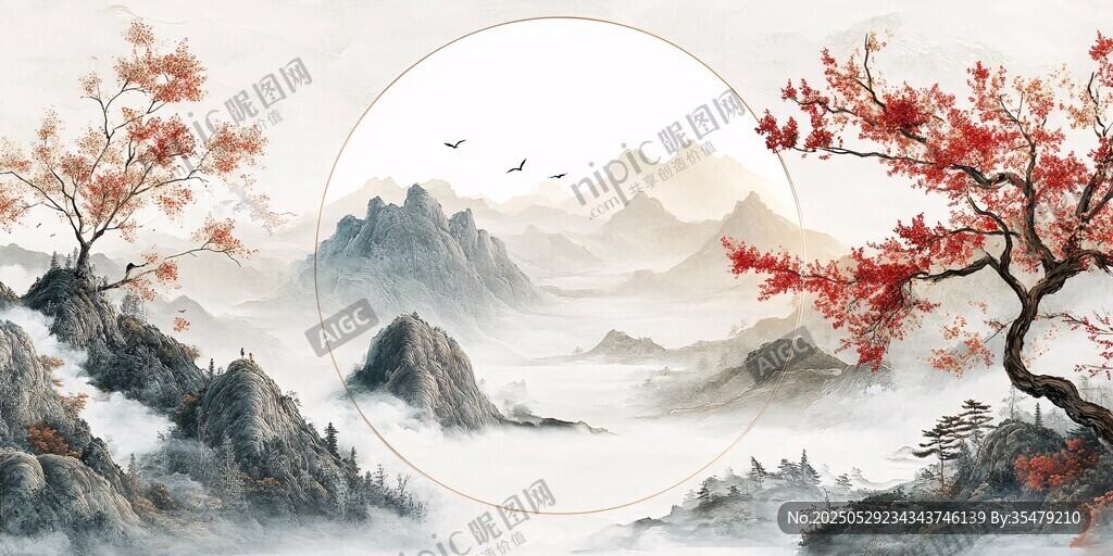 水墨秋景圖中紅葉映群山