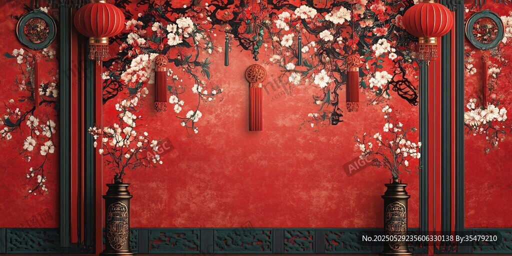 中式紅墻繁花喜慶裝飾圖