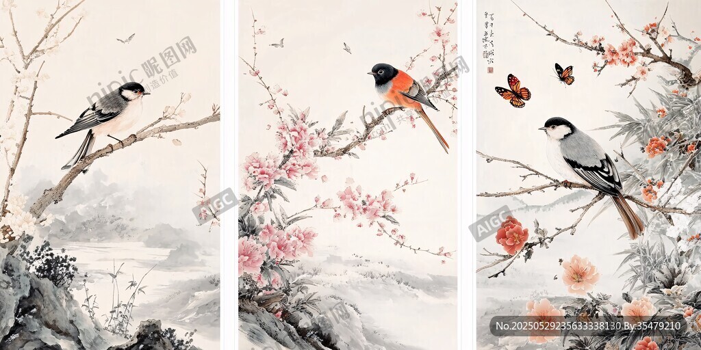 花鳥三幅圖 雅致中國畫