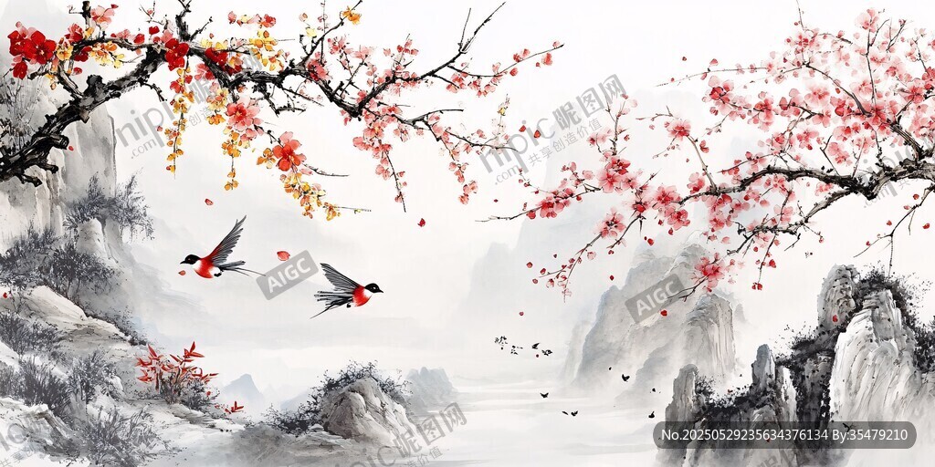 春日山水間雙燕銜花圖
