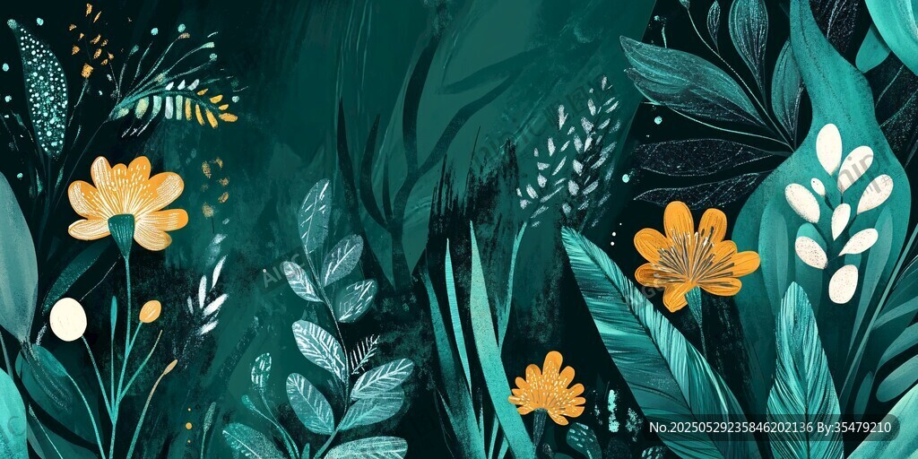 夢(mèng)幻綠植花卉插畫場(chǎng)景