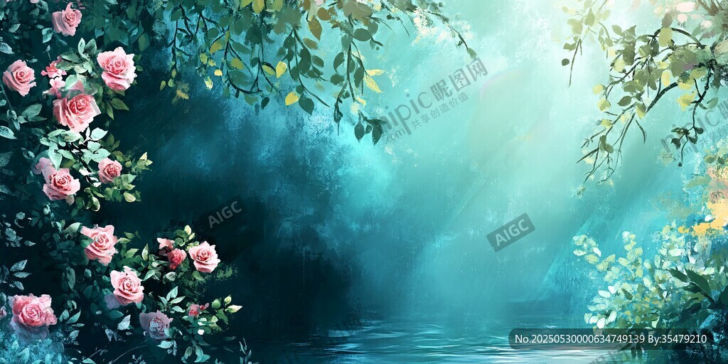 夢(mèng)幻薔薇下的靜謐湖水