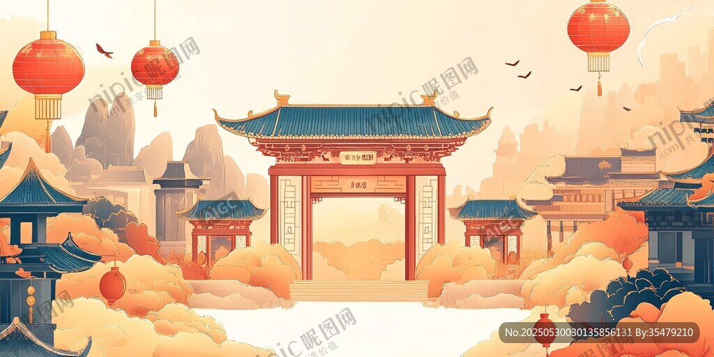 古風中式景 燈籠映樓閣