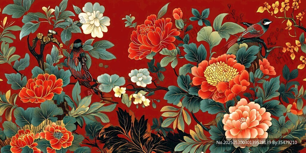 中式紅底花卉鳥紋裝飾畫
