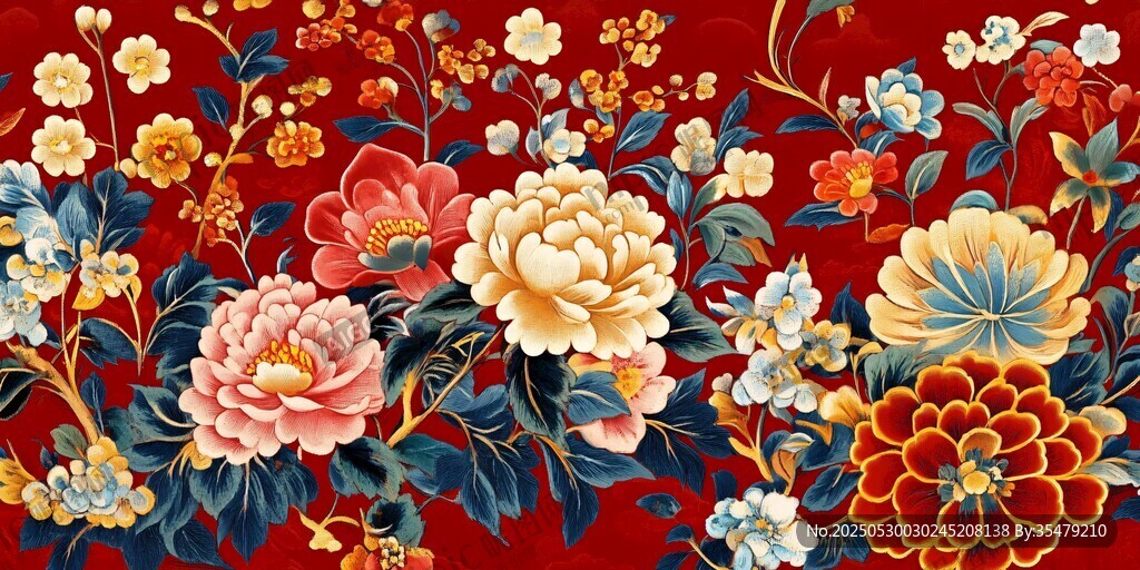 中式繁花紅底精美紋樣