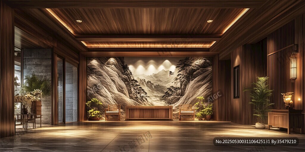 中式大廳山水壁畫(huà)裝飾風(fēng)