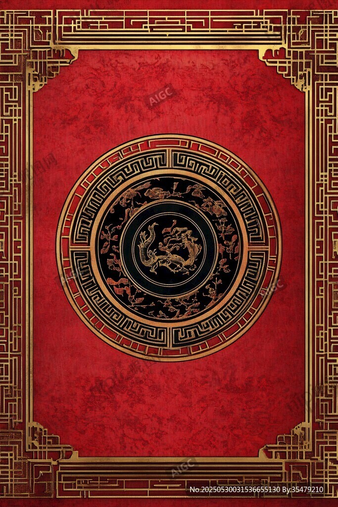 中式紅底金龍古典紋飾圖