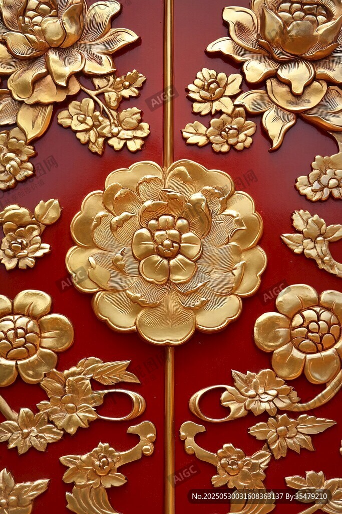中式紅底金雕花卉裝飾