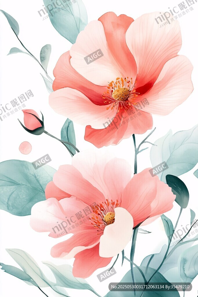 粉色花卉水彩插畫
