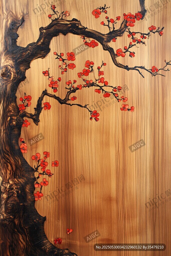 木雕紅梅圖
