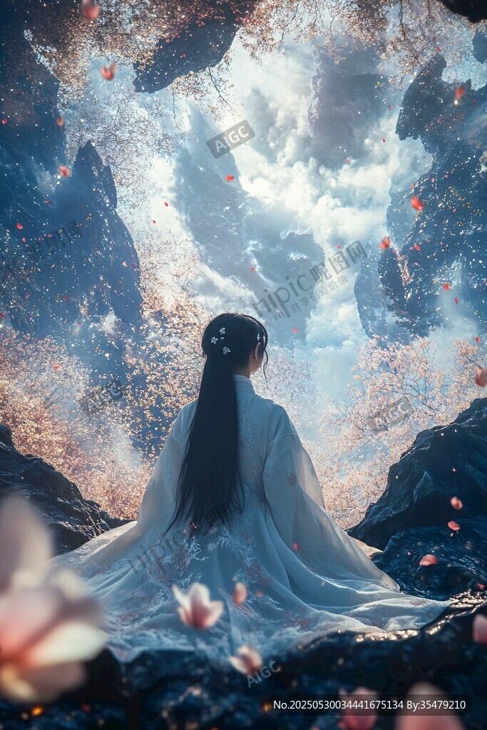 女子靜坐賞夢幻山水花景