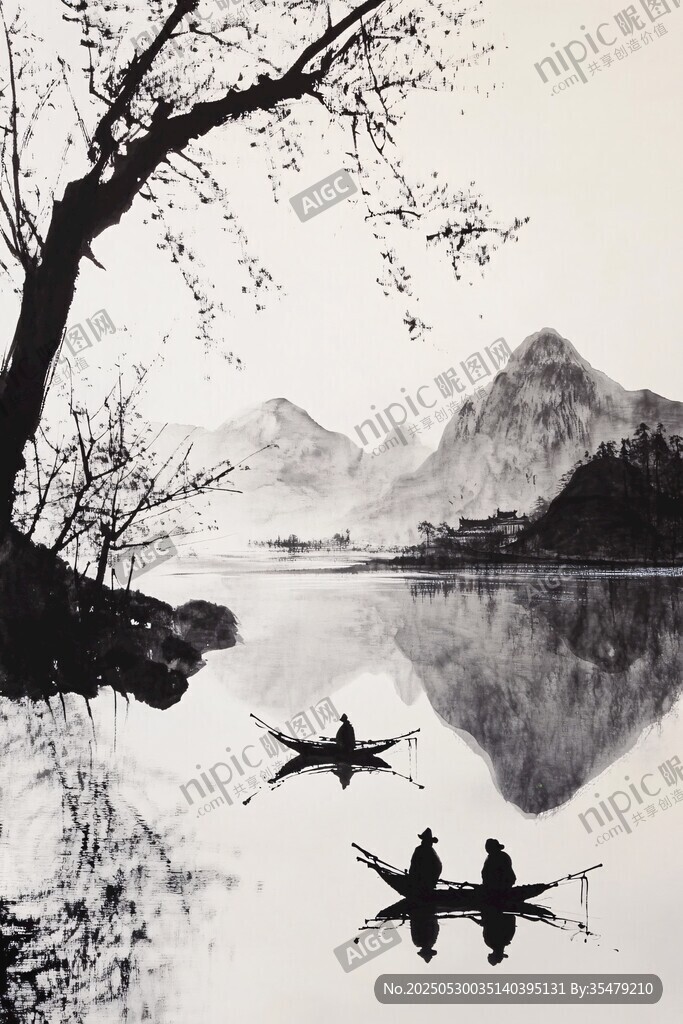 水墨山水間的泛舟圖景