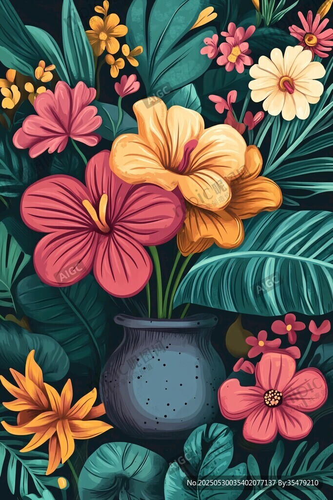 花瓶中的多彩花卉插畫