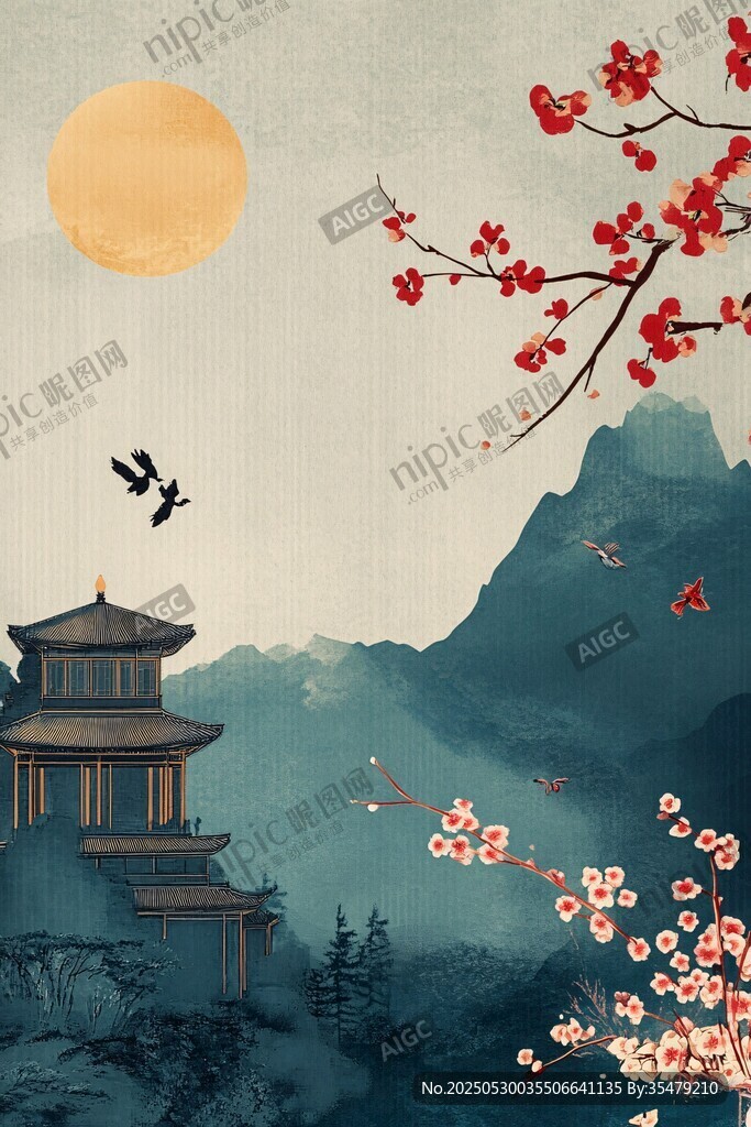 月夜山巒亭閣紅梅景致