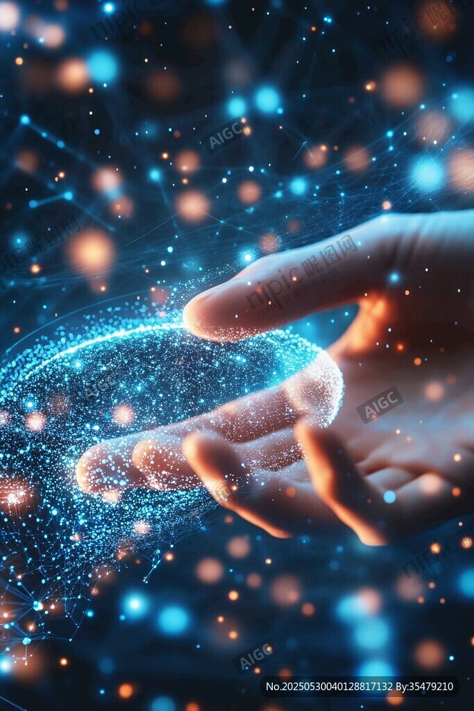 手觸虛擬粒子的科技畫面