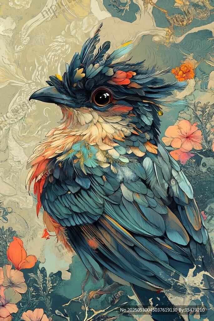 奇幻彩羽鳥置身繁花間