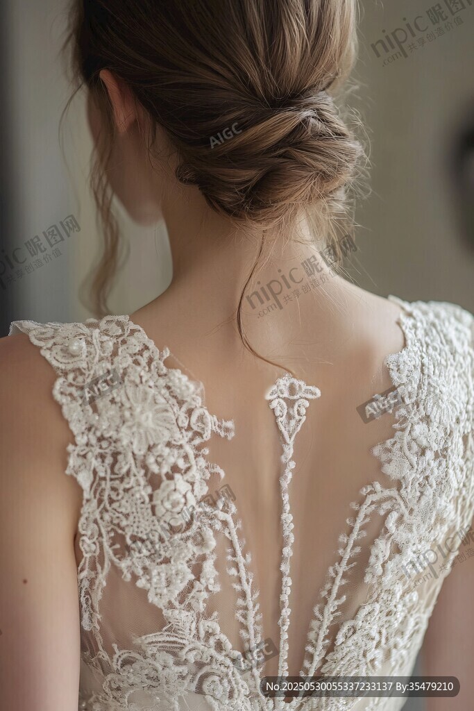 精致蕾絲婚紗的優雅背影