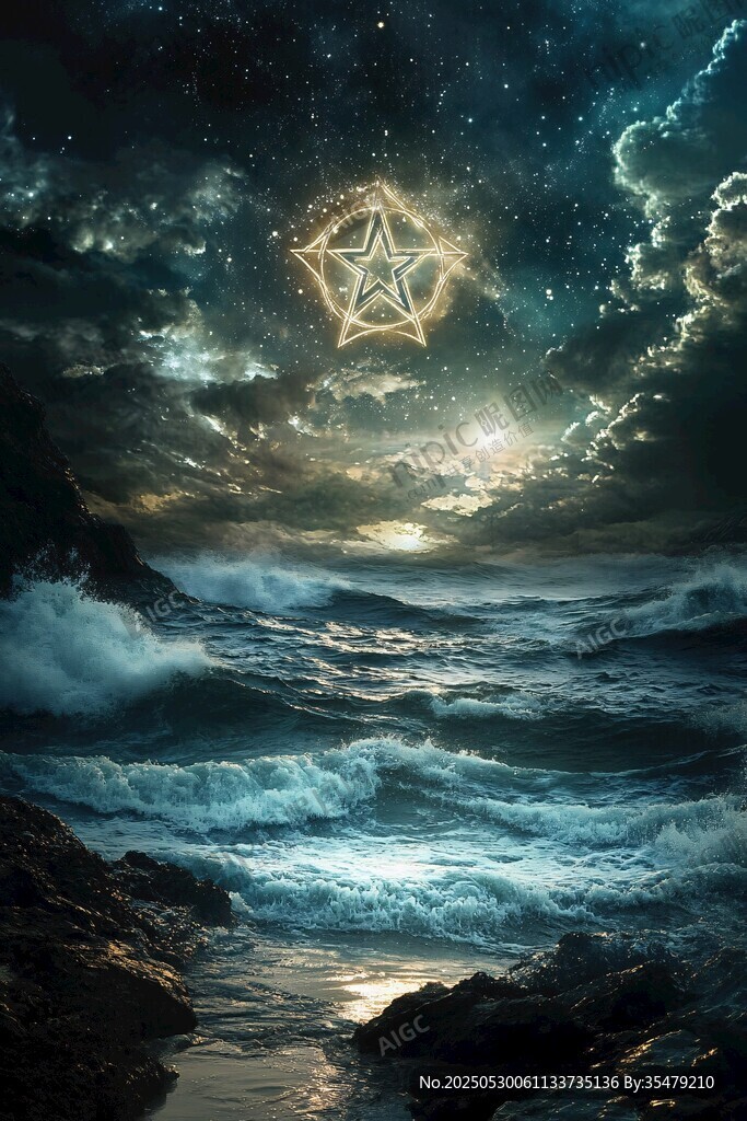 夜空下海浪與神秘五角星