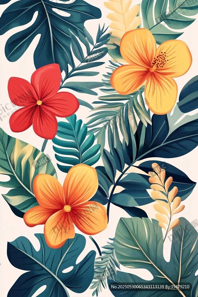 熱帶花卉與綠葉插畫