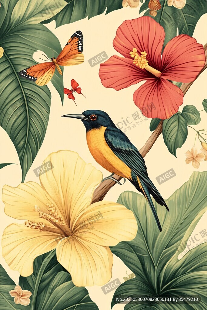 熱帶花鳥圖 鳥棲繁花間