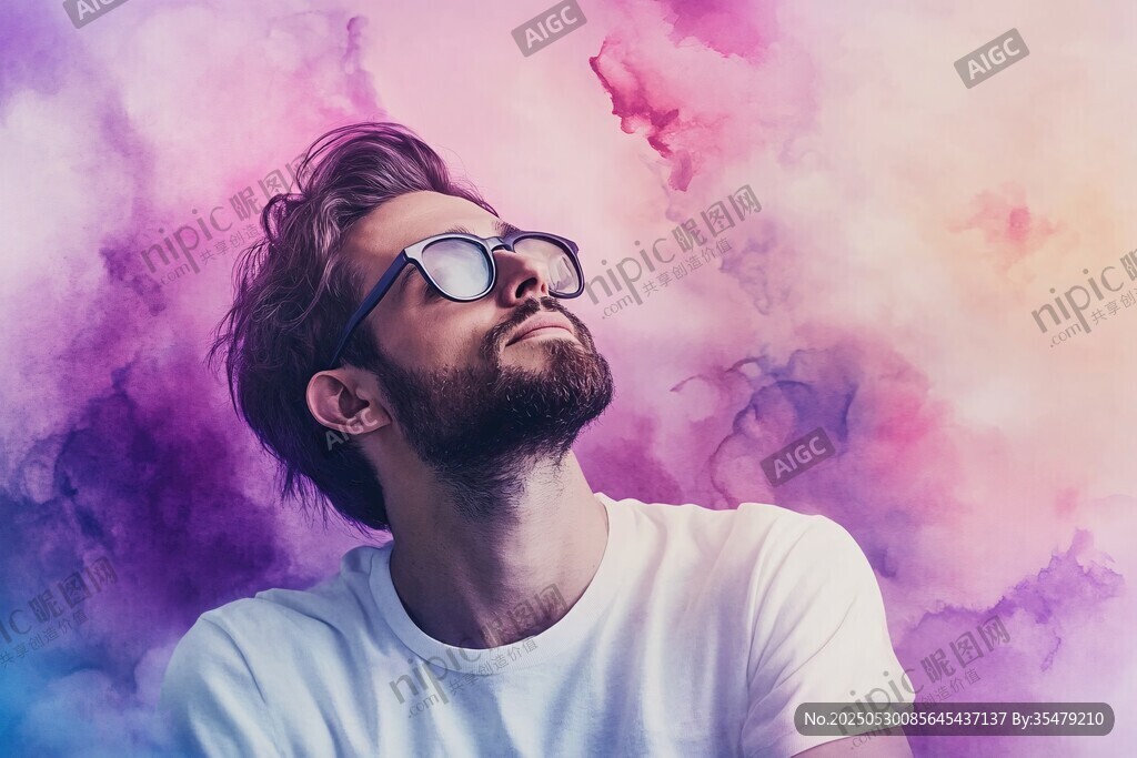 戴墨鏡男子仰對夢幻背景