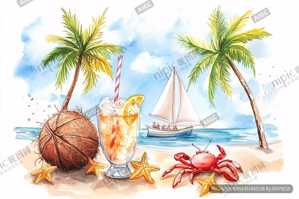 夏日海灘飲品與愜意風(fēng)光